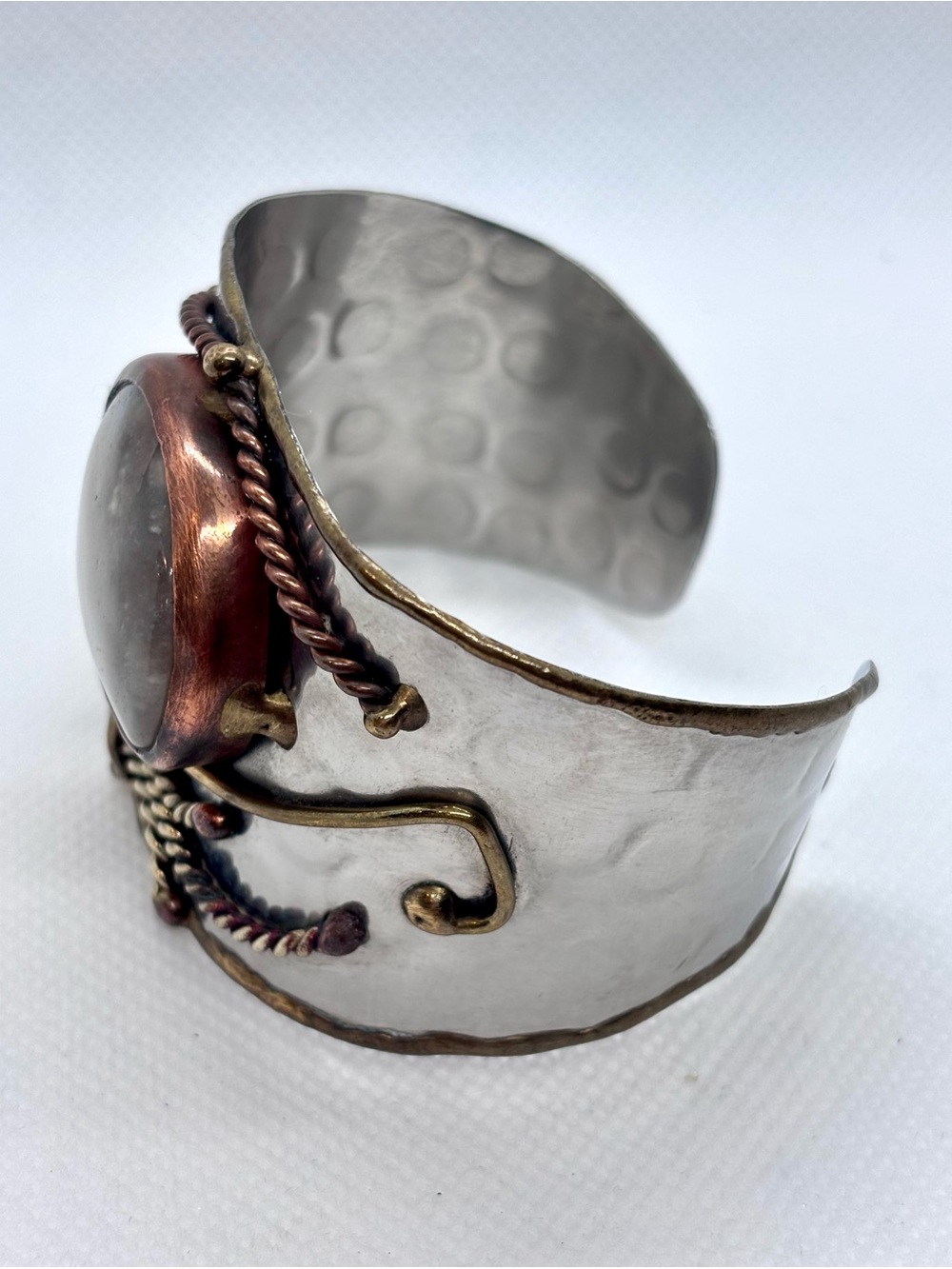 Unique Artisan Modernist Brutalist Mixed Metal & Agate Cuff Bracelet - Picture 3 of 6
